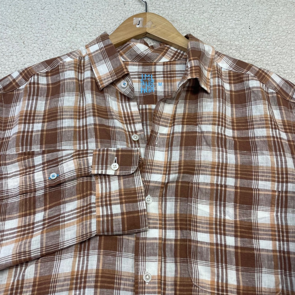 J.McLaughlin Button Down Mens M Brown Plaid 100% Linen Long Sleeve Shirt 1512